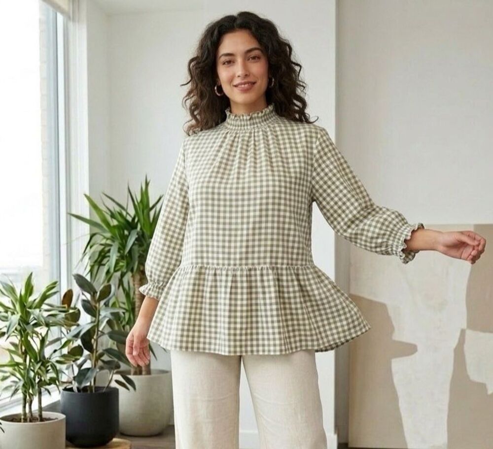 Boohoo Olive Green Gingham Peplum Top Smocked Mock Neck Ruffle Sleeve Blouse 18